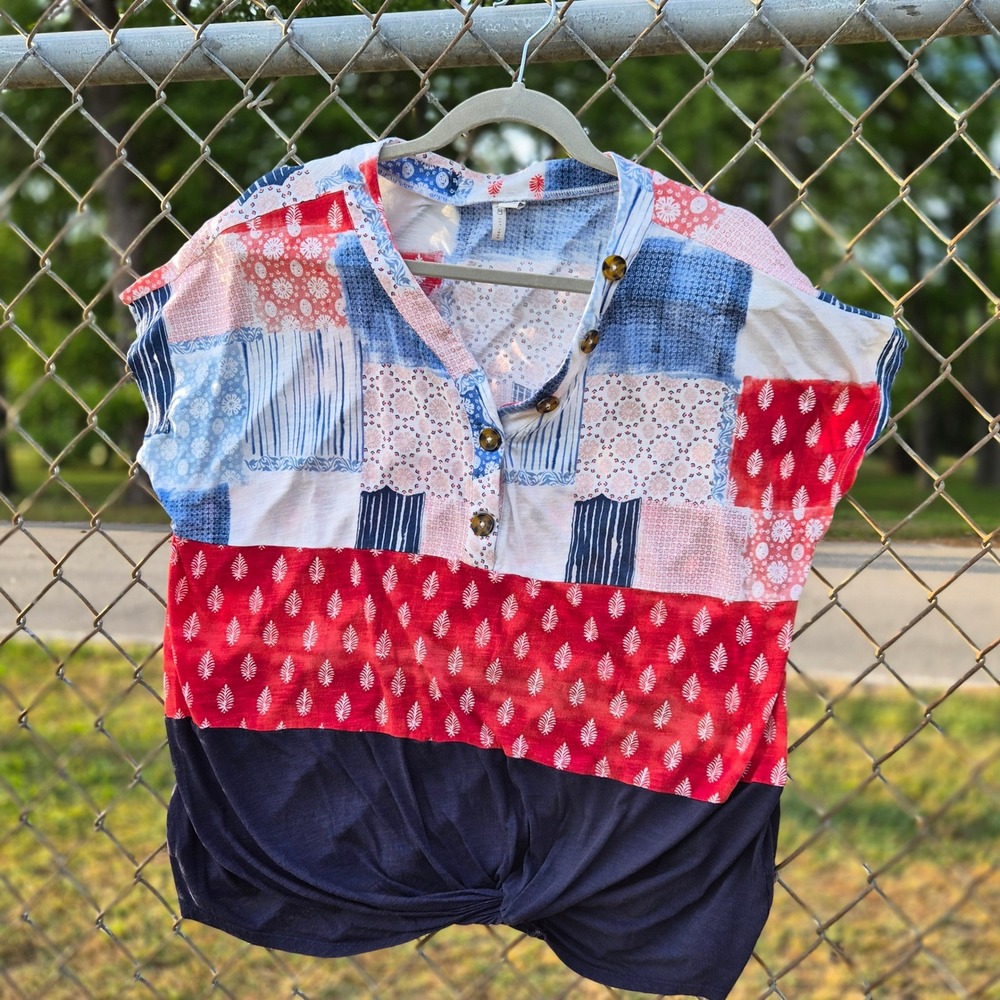 Cato Patchwork Henley Top 18/20W Red White Blue Boho Twist Front Americana Top